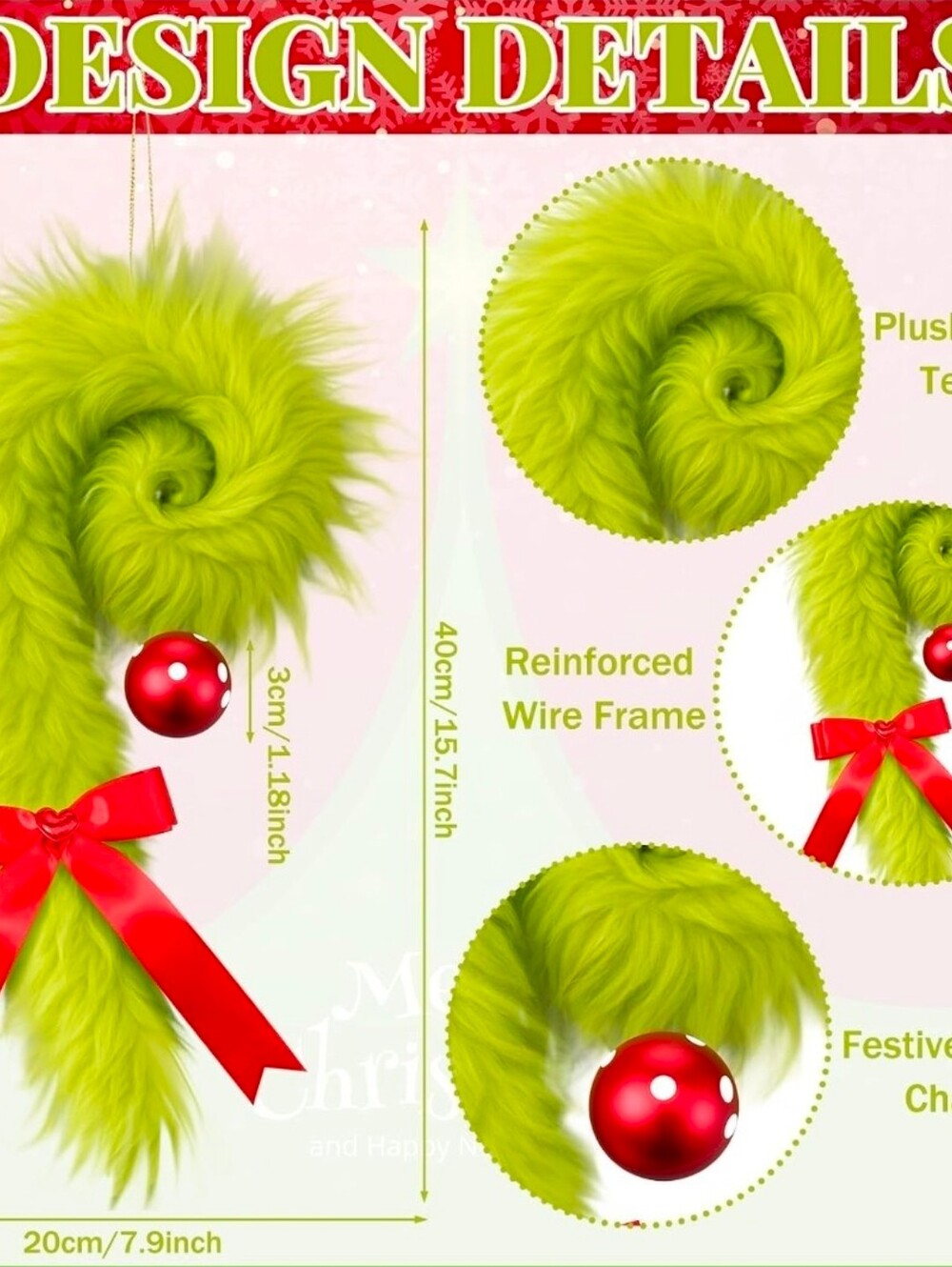 Festive Lime Green Furry Grinch Candy Cane Door Hanger - EUC - Picture 3 of 7